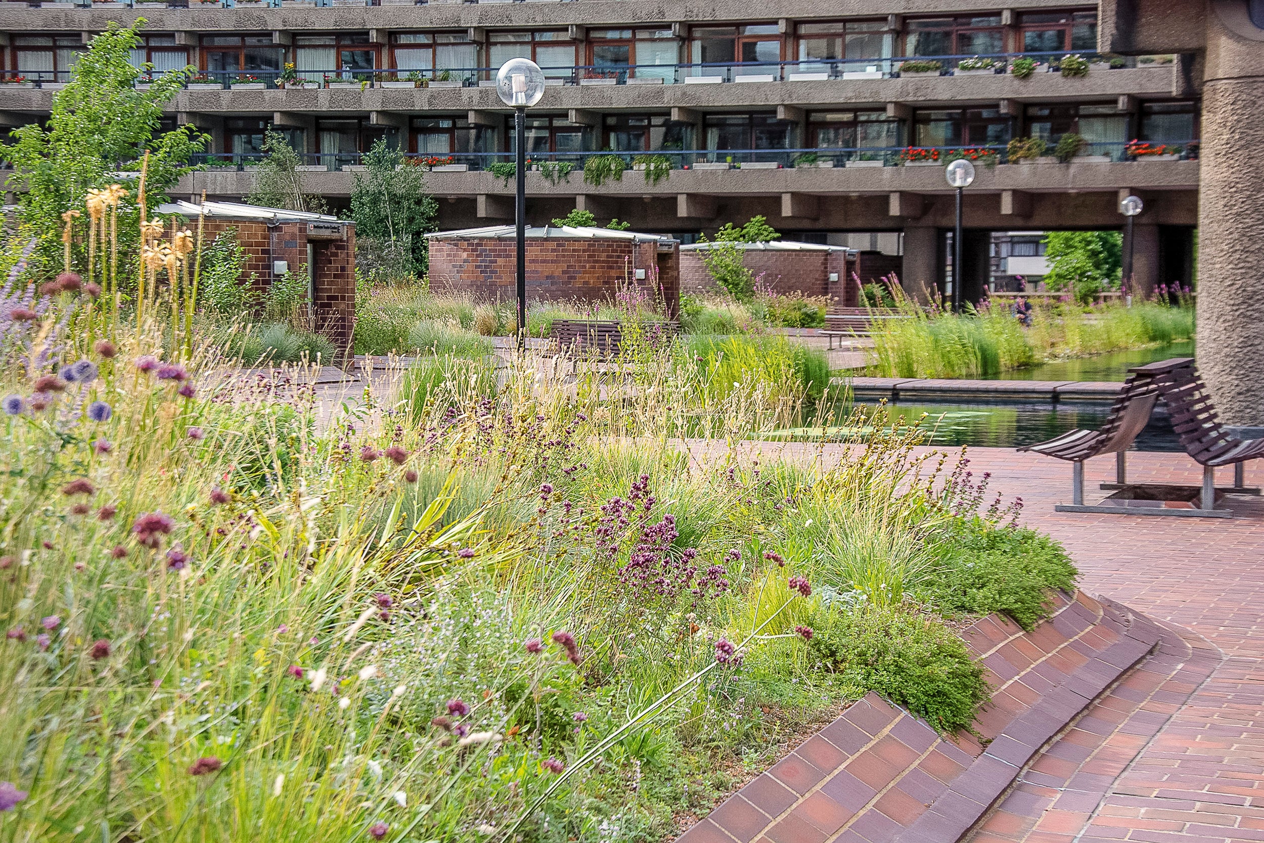 Architektur des Barbican in London im Kontrast zu naturalistischer Pflanzung