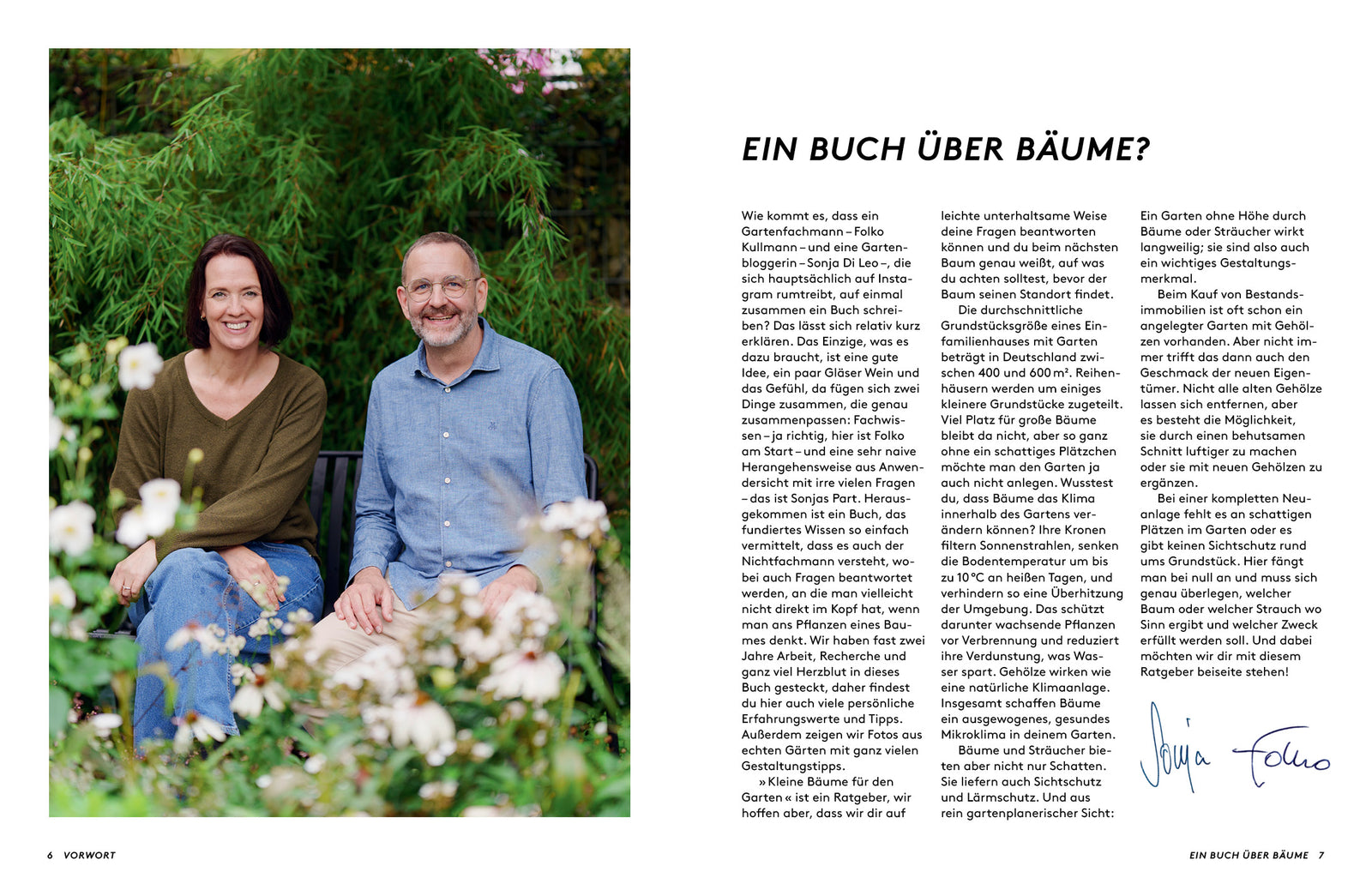 Vorwort „Ein Buch über Bäume?" – die Autoren Sonja Di Leo und Folko Kullmann im Garten zwischen Bambus und weißen Anemonen