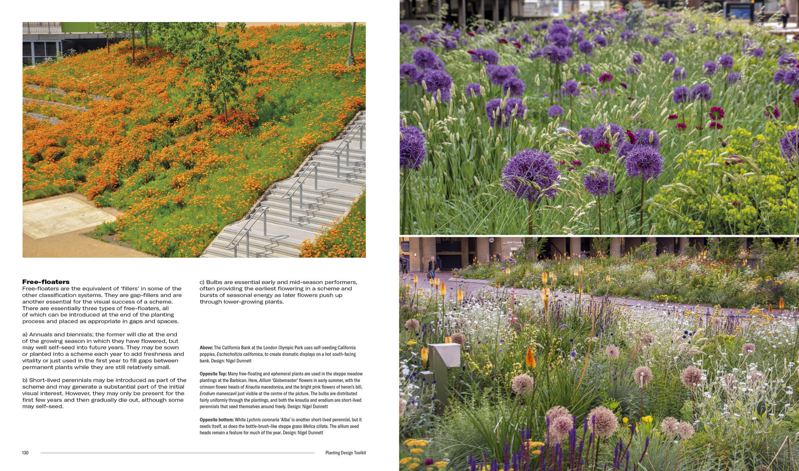Doppelseite: Kalifornischer Mohn im Olympic Park und Allium-Steppenpflanzung am Barbican – Naturalistic Planting Design, S. 130–131